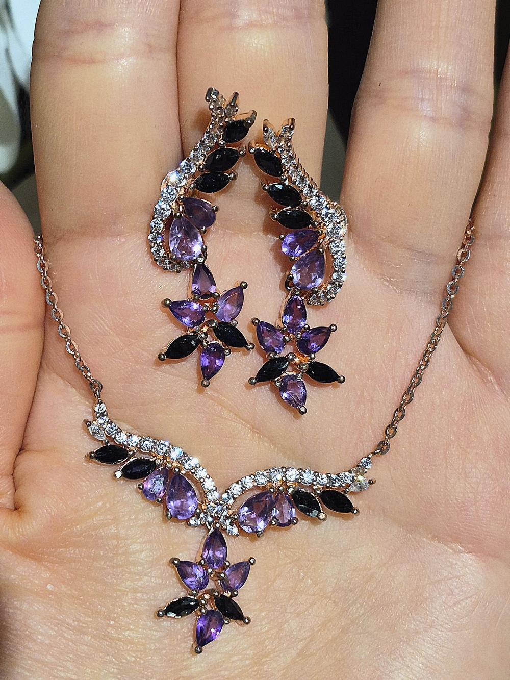 Rose Gold Plated 925 Sterling Silver Amethyst Black Onyx Necklace Earrings